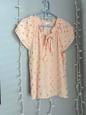 Shannon Ford New York Petite Gold Polka Dot Tie-Neck Blouse, Size PM